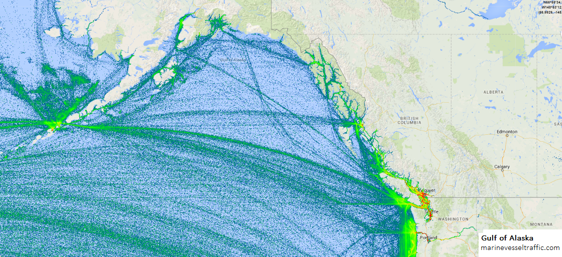 Live Marine Traffic, Density Map and Current Position of ships in GULF OF ALASKA
